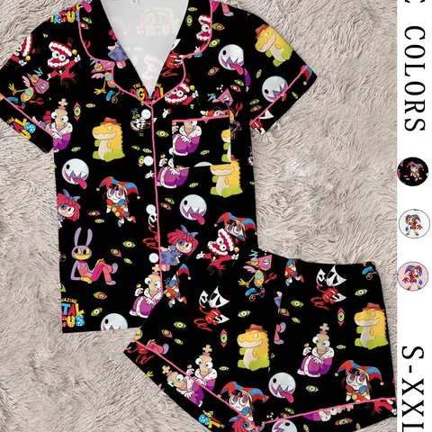 Women’s 2-Piece Summer Short-Sleeve Pajama Set Printed Sleepwear Set Cartoon Circus Magic Monster Print Button Front Sleep Top & Shorts, Soft Casual Home-Wear Loungewear