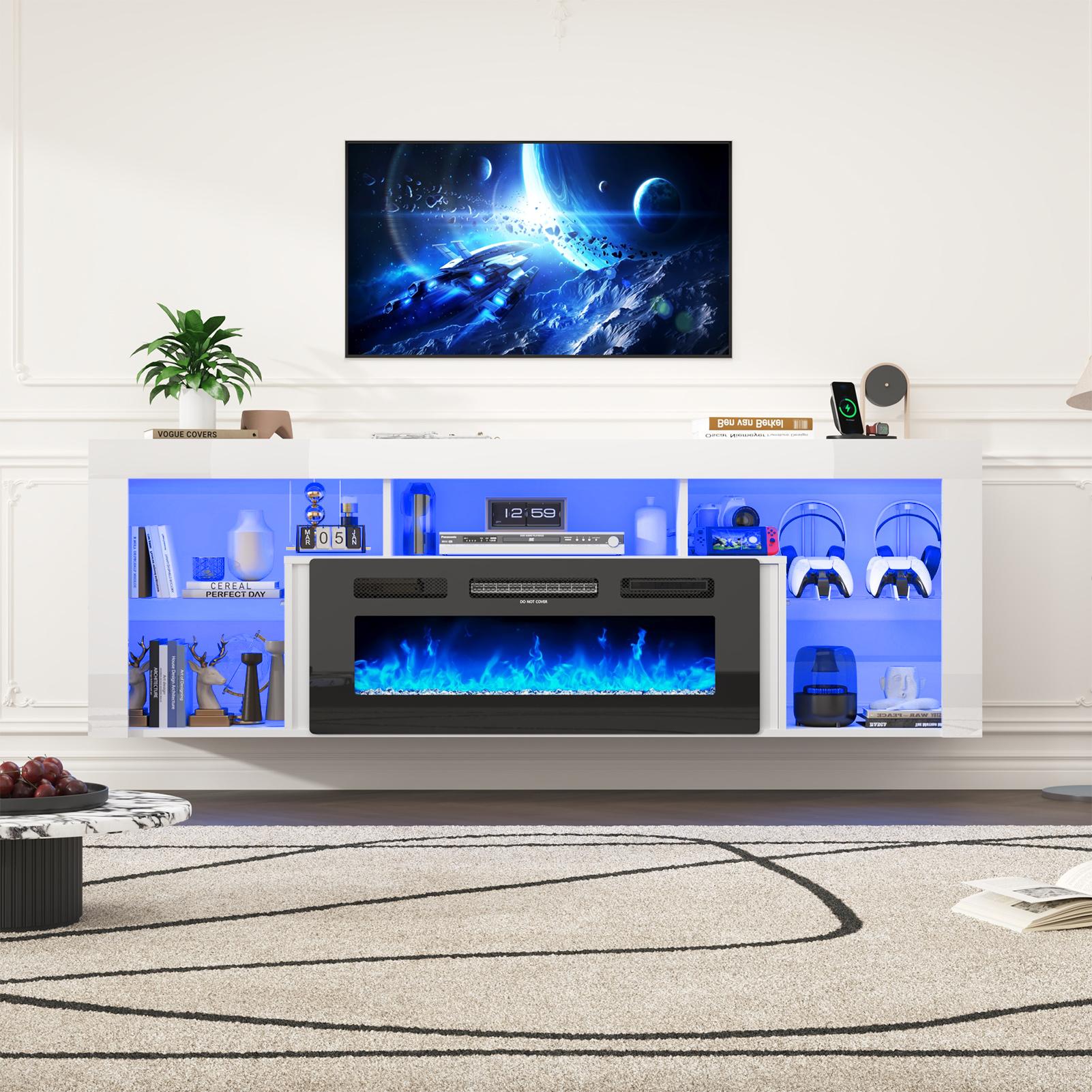 【2Packages Shipping】71" Floating Fireplace TV Stand for up to 85" TVs, Modern High Gloss Entertainment Center w/40 Electric Fireplace, Charging Station&LED Lights, Fireplace TV Media Console w/Storage, Black/white