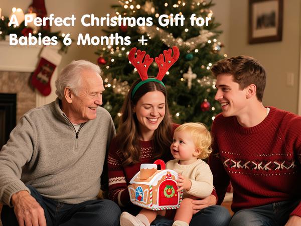 hahaland My First Christmas Gingerbread House Cottage Toy Set for Baby 6-18 Months Musical & Sensory Plush Toys with Santa Reindeer Rattles Early Learning Development 7-Piece Holiday Gift