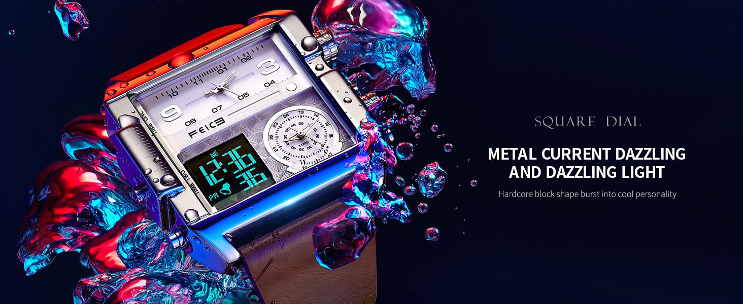 FEICE Men's Square Sport Watch| 50mm Oversized Dial, Dual Movement, Men’s Waterproof Luminous Sport Watch in silver display FEICE Men's Square Sport Watch| 50mm Oversized Dial, Dual Movement, Men’s Waterproof Luminous Sport Watch in silver display
