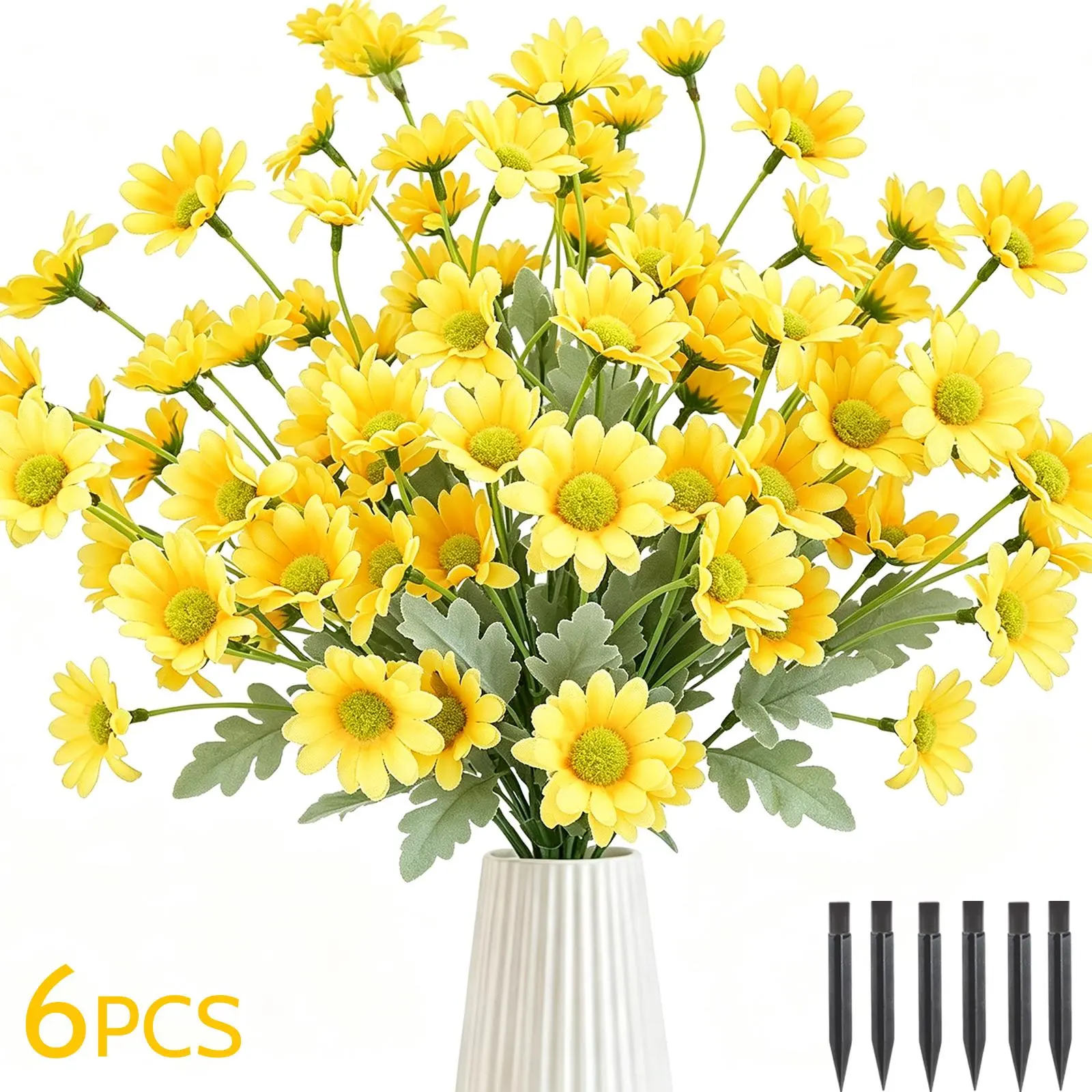 6 Pcs Artificial Flowers for Outdoors Decorations, Yellow | Lifelike silk flowers, UV resistant, faux plastic plants, for garden porch window table vase home indoor outdoor decor#HomeEssentials