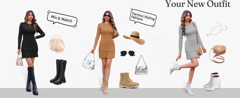 Wenrine Women's Long Sleeve Sweater Dress Casual Ribbed Knit Crewneck A Line Slim Fit Tiered Fall Mini Dresses for Everyday Wear