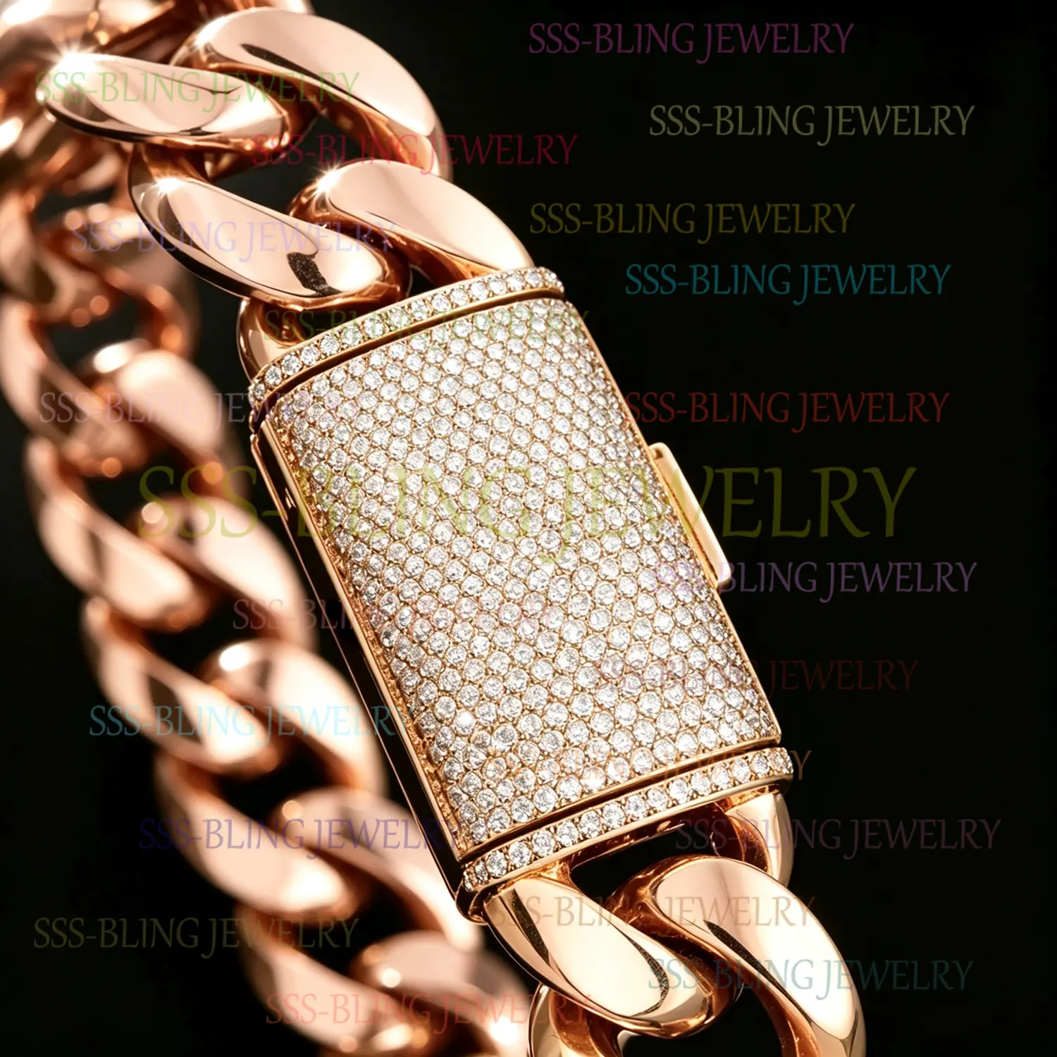 Heavy Solid Stainless Steel Cuban Link Rapper Chain Bracelet  Rose Gold Plated with 5A Simulated Diamonds & Brass Clasp