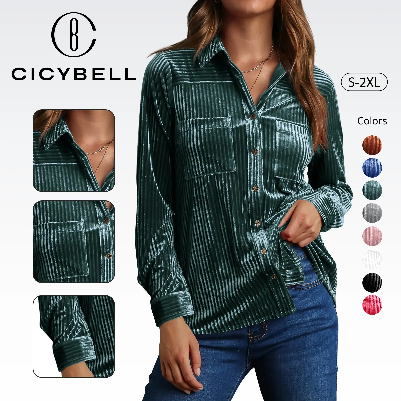 Cicy Bell Women‘s Velvet Button Down Shirt Casual Long Sleeve V Neck Collared Tops Fall Shacket Jacket with Pockets Elegant Formal Corduroy Look Soft Fabric Coats Womenswear winter outfits for women