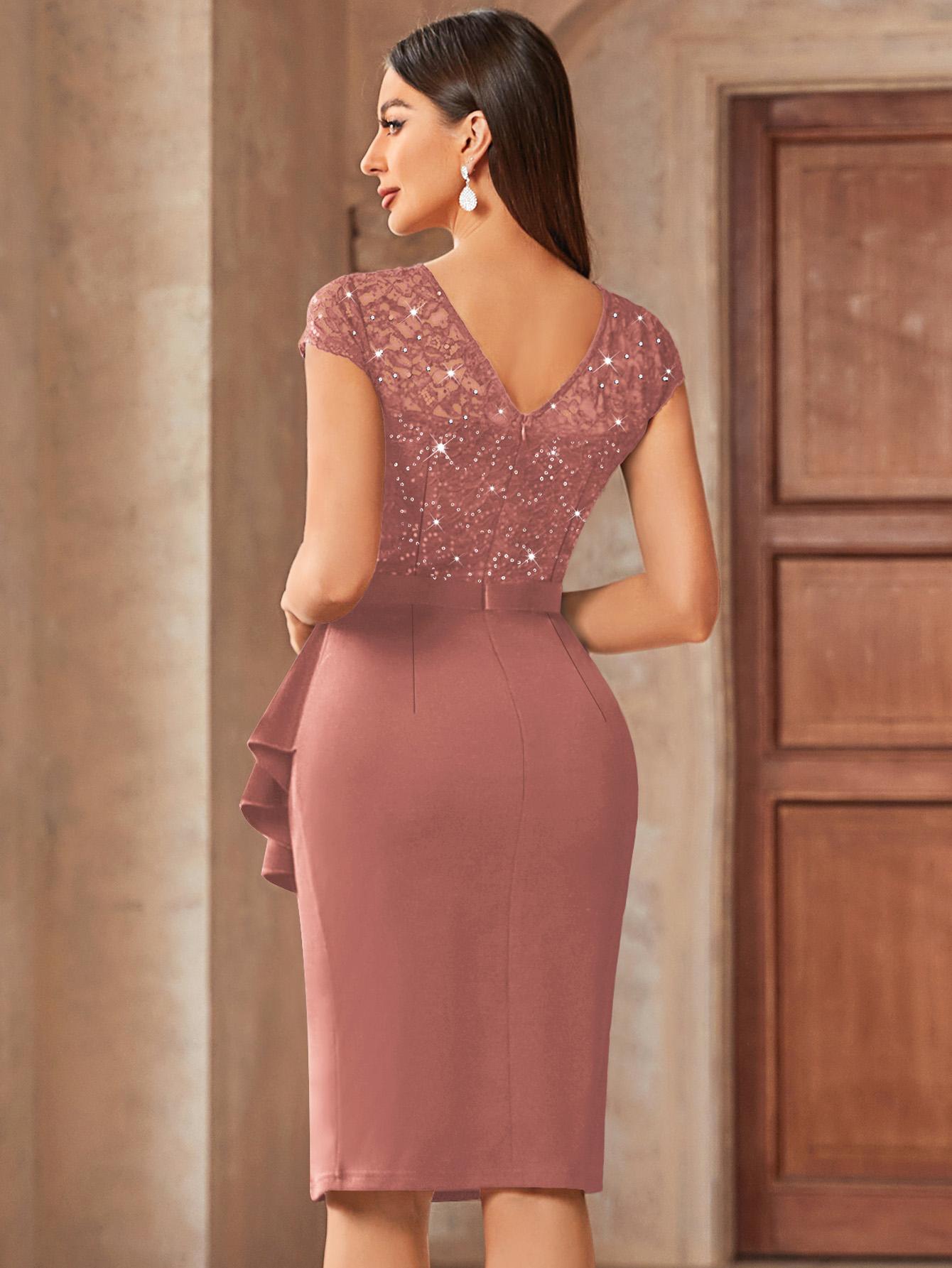 MIUSOL 13169 Women's Sequin Lace Elegant Crewneck Cap Sleeve Ruffle Split Hem Formal Womenswear Workwear Party Date Cocktail Dress