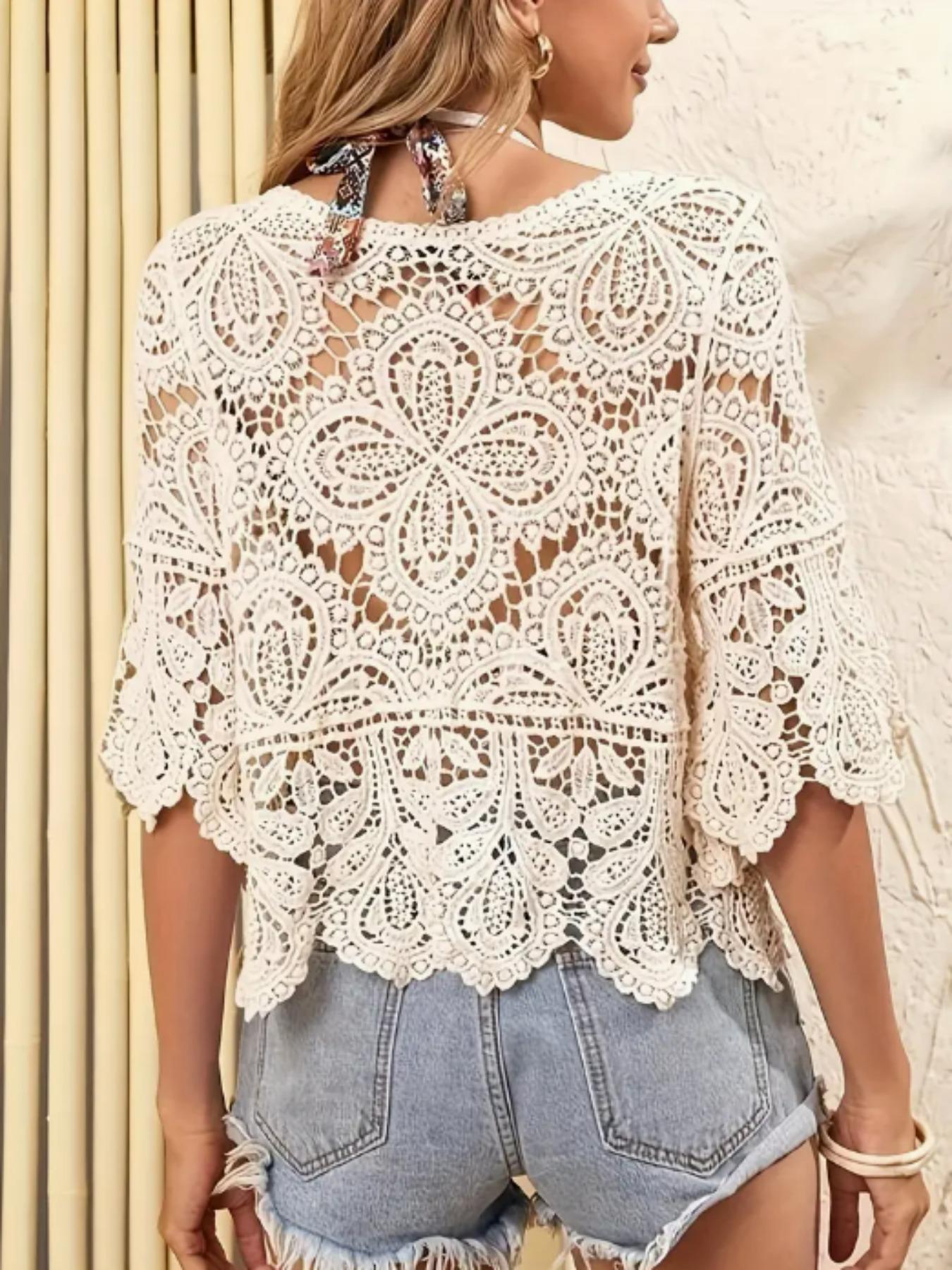 Women's Plain Hollow Out Sheer Scoop Neck Cover Up Top, Casual Asymmetrical Hem Cover Up Top for Summer, Fashion Women's Swimwear for Beach Holiday Vacation