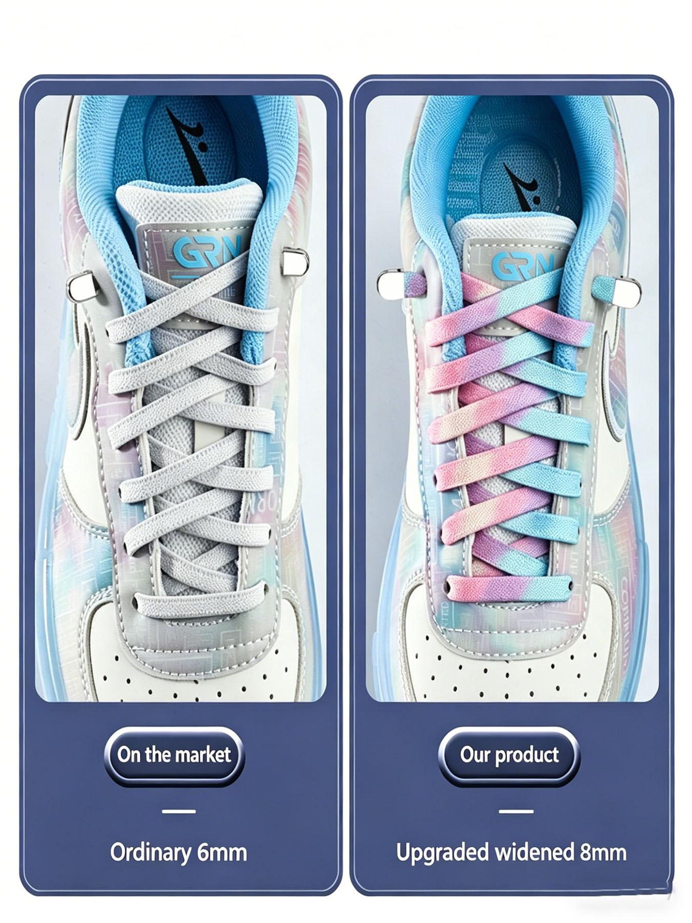 Dreamy Tie-Dye Lazy Shoelace, No-Tie Press Button, Gradient Color, Elastic Stretch, Wide Strap, for Sneakers, Dad Shoes, Sports Shoes, Commute, DIY Footwear