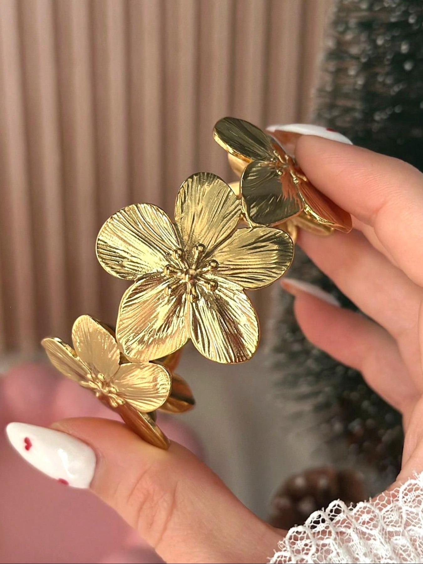 Women's Chunky Vintage Elegant Flower Geometric Link Bracelet Set, Stackable Bracelets, Multi-Layered Design, Fashionable Jewelry Gift for Women