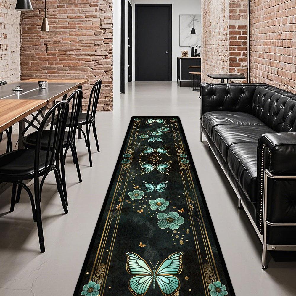 Crystal Velvet Butterfly Pattern Carpet, Durable Bedroom Bedside Decorative Rug, Stylish Coffee Shop Hallway Mat, Hotel Lobby Long Rug, Butterfly Area Rug