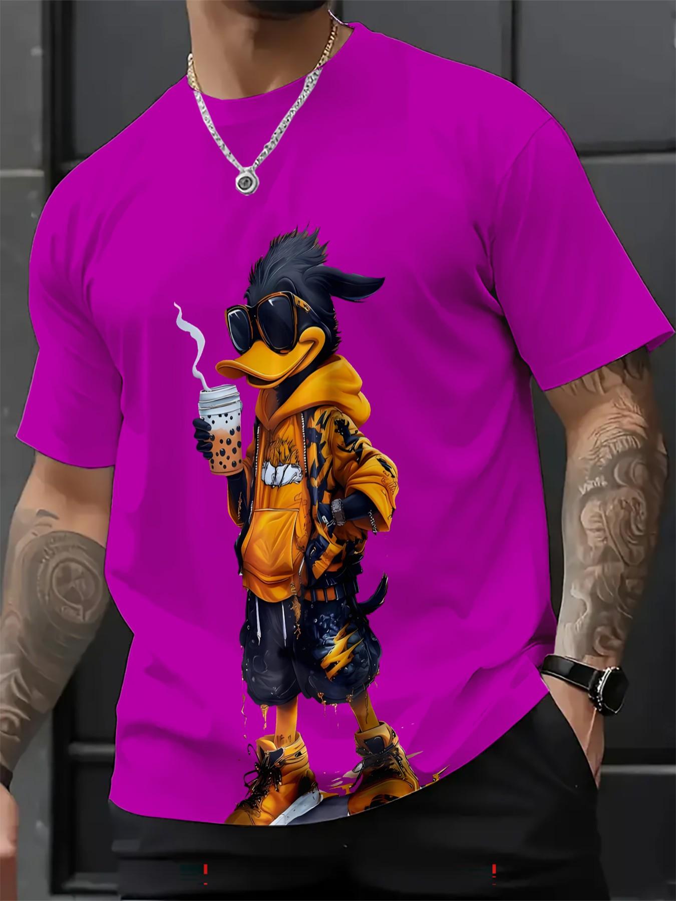 Men's 3D Cartoon Print Round Neck Short Sleeve Casual T-Shirt, Fitted All over Print, Long Clothing, All Seasons Wear