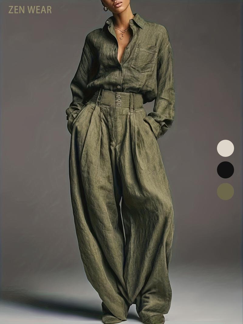 Spring & Fall Women's Fashion Two-Piece Set, Solid Color Shirt and Long Pants, Casual Style, Perfect for Daily Wear