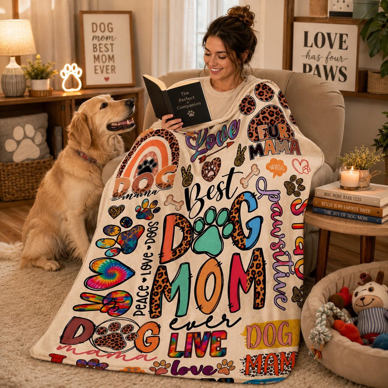 Dog Mom Flannel Blanket with Colorful Paw Prints, Soft Cozy Warm Fleece Throw, Graphic Throw Blanket, Cute Pet Lover Gift for Dog Moms and Animal Lovers, Soft Blankets