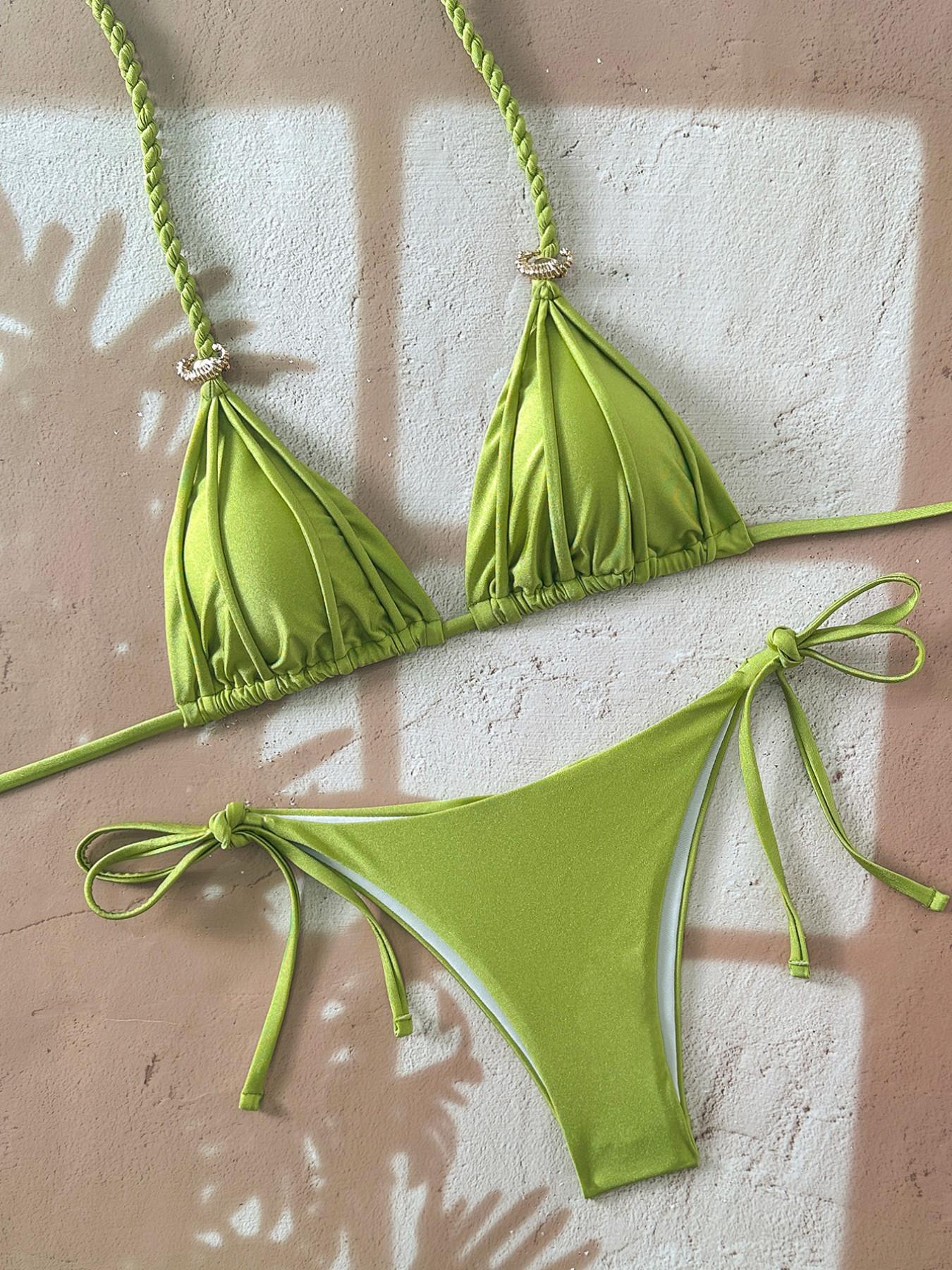 New Women's Solid Color Casual Knot Tie Backless Swimwear Set, Perfect for Beach Vacation, Sexy Bikini