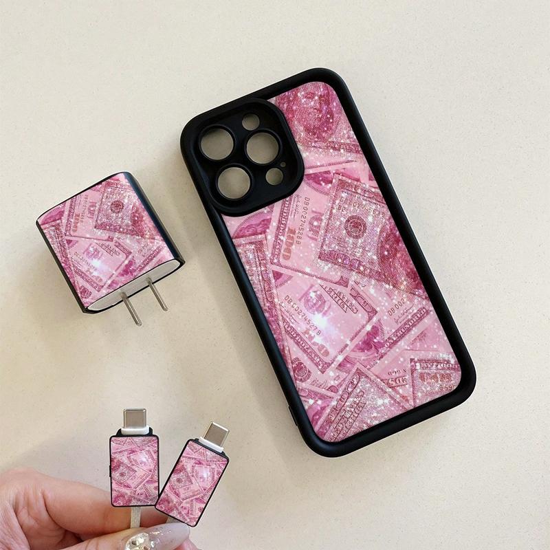 Pink Money Pattern Phone Case with Charger Head Cover & Cable Protector & Storage Rope, Anti-drop Cellphone Protective Case, Total Protective Phone Cases for iPhone, Casing