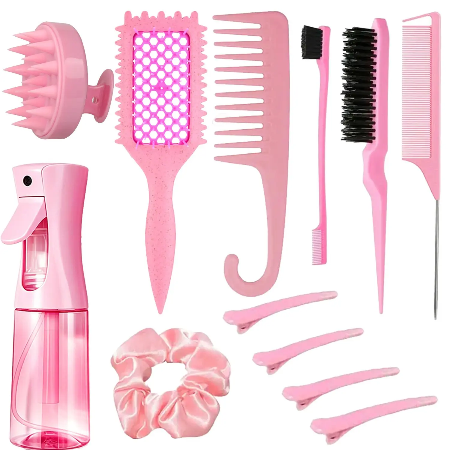 Hair Styling Kit for Curly Hair with Detangling Brush, Fine Mist Spray Bottle, Wide Tooth Comb, Edge Brush, Rat Tail Comb & Scalp Massager, for Curl Defining, Slick Back, Braiding, Parting & Daily Styling