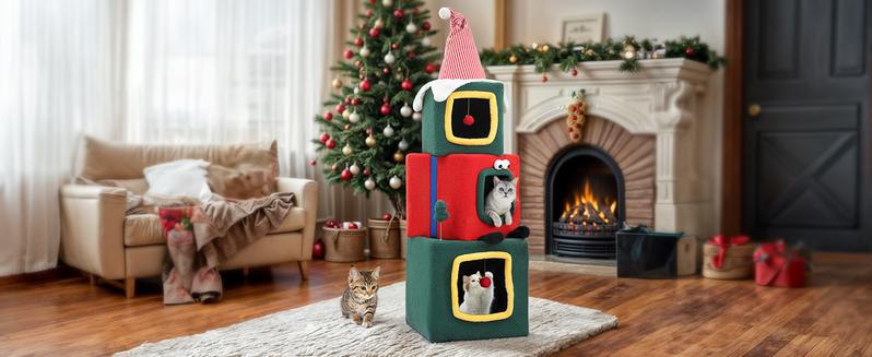 DWVO Extra Large Cat House for Indoor Cats, 60" Multi Level Cat Condo Furniture, 3 Story Playhouse with Hanging Ball, Green Cat Tree Cat Tower for Large Pets, Dog, Ferret