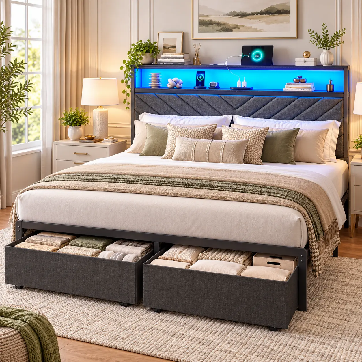 Grey Fabric Upholstered Platform Bed Frame, Twin Full Queen Size With LED Headboard, Charging Station, 2 Storage Drawers & 12 Inch Under-Bed Space
