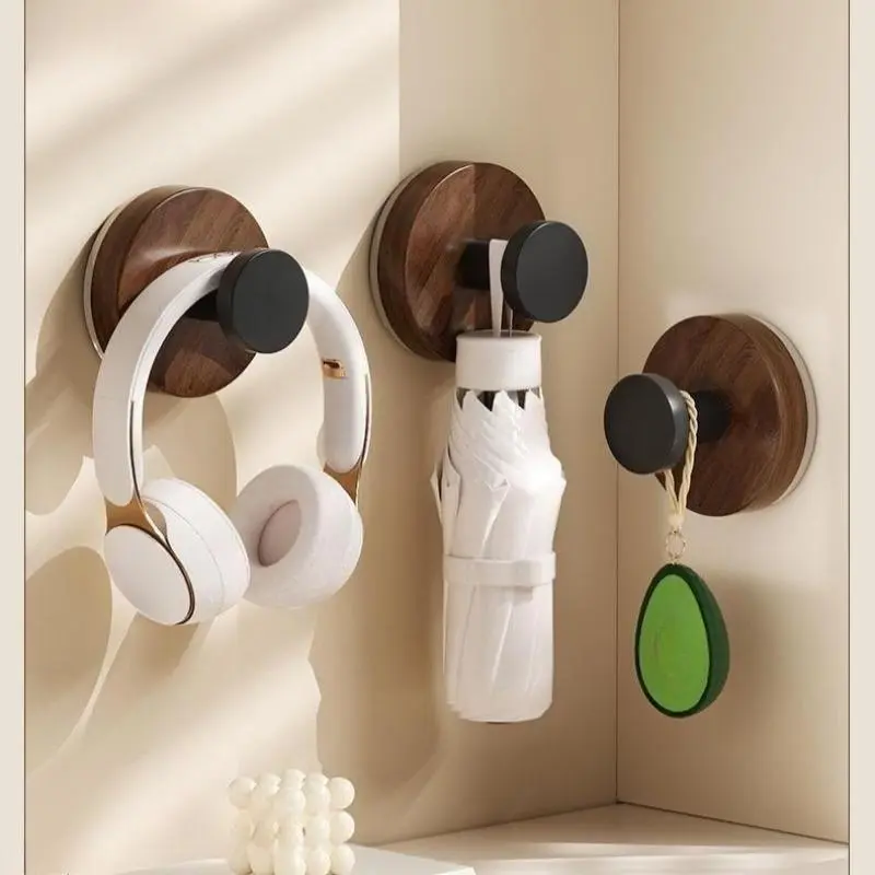 4 Pack Natural Walnut Wood Suction Cup Hooks, Minimalist No Drill Wall Hangers, Waterproof Damage-Free Compact Hooks for Kitchen Bathroom Home Storage Decor