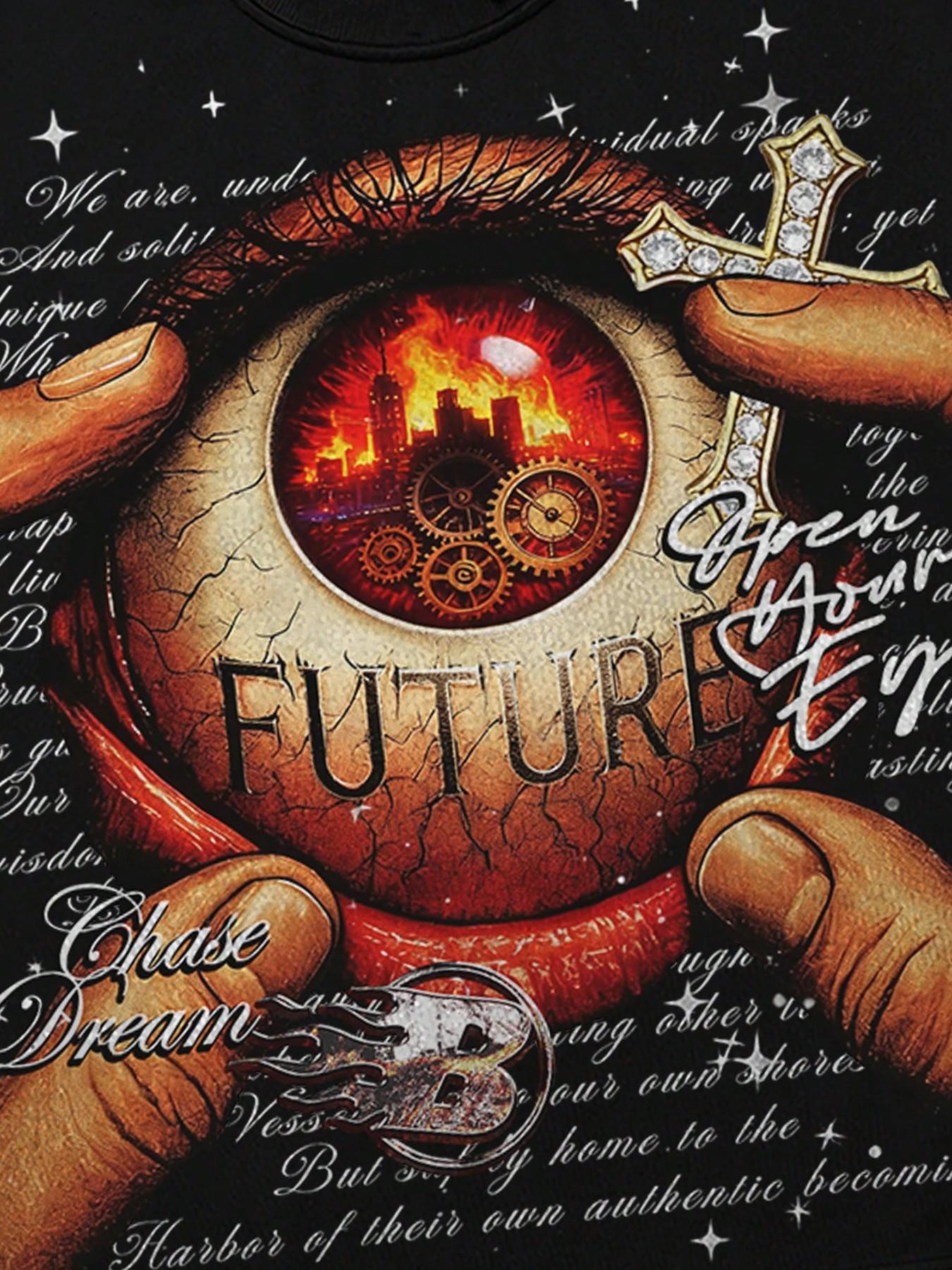 Unisex 100% Cotton Black Cropped Oversized T-Shirt | "FUTURE" Eye Print Gothic Y2K Alt Streetwear Casual Top Menswear
