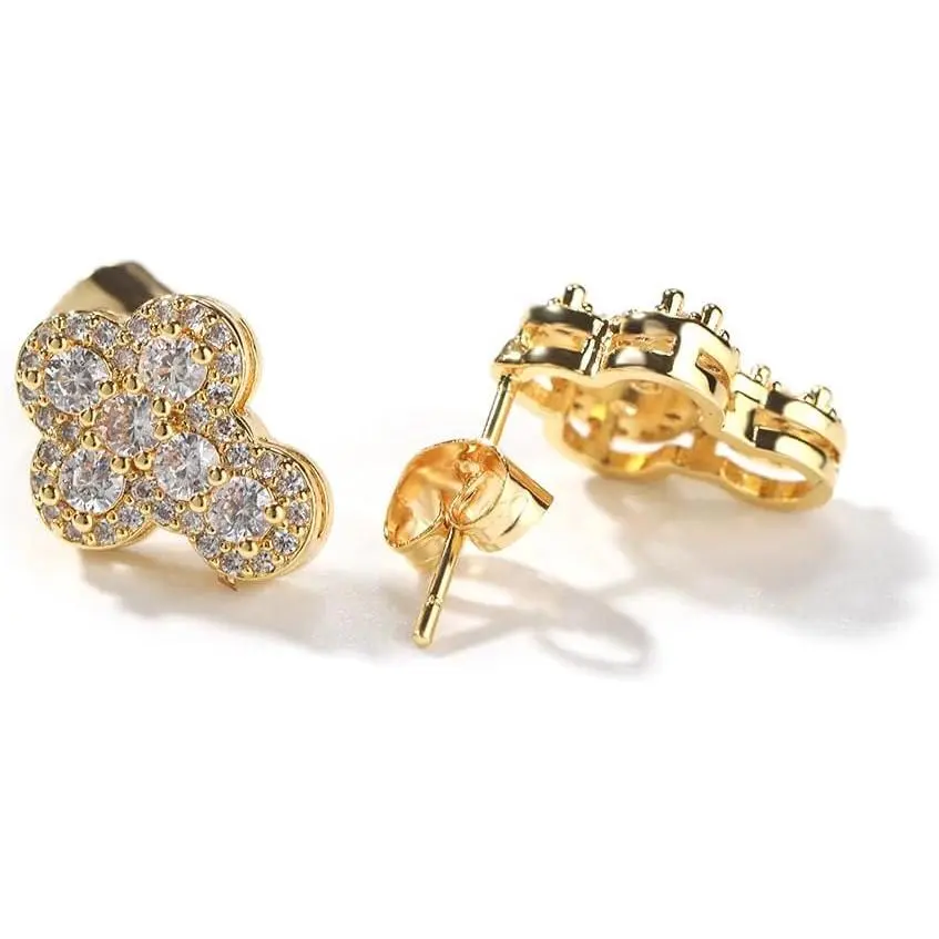Women's Gold 4-Leaf Clover Stud Earrings, Sparkly Cubic Zirconia Paved Dainty Minimalist Fashion Jewelry, Elegant Lucky Symbol Accessories, Ideal Birthday Gift for Her