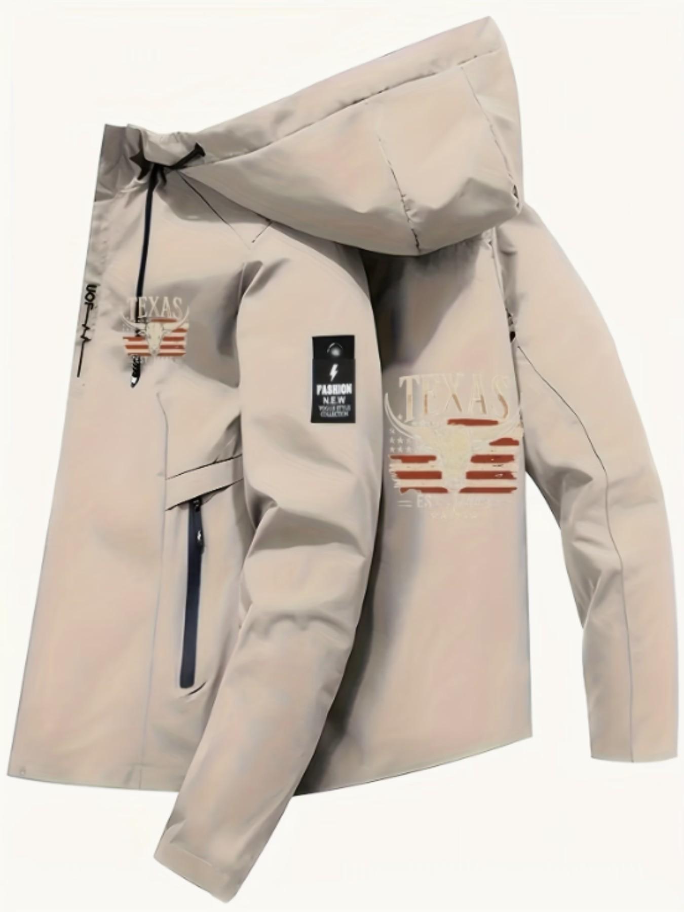 Men's Texas Pride Hooded Jacket, Light Blue Bomber Coat, Usa Flag Print, Zipper Design, Long Sleeve, Polyester Lining, Casual Style