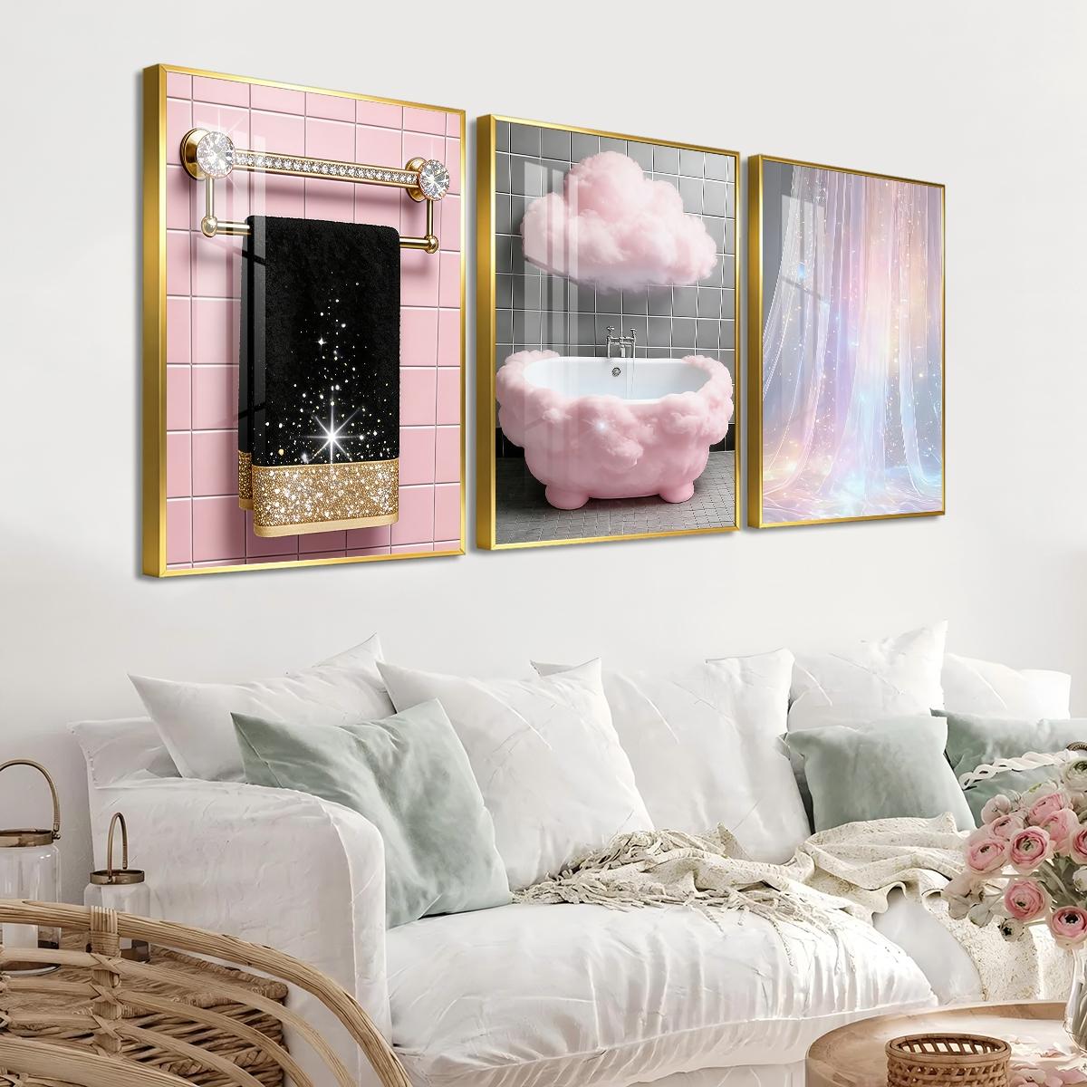 3 Counts Aluminum Alloy Framed Painting, Sparkling Bathroom Luxury Cloud And Curtain Art Pictures, Home Decoration For Living Room, Bedroom, Office, Restaurant, Hallway Wall Decor, Odorless Print Artwork, Luxury Perfect Gift For Friends And Family