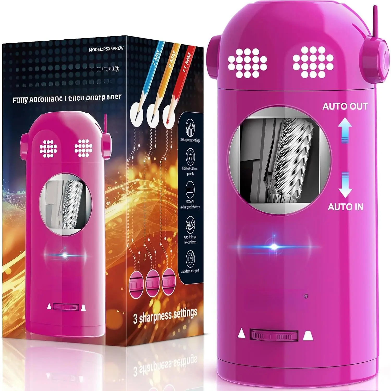 PSX5EW Electric Pencil Sharpener Fully Automatic, Colored Pencil Sharpeners for 7-11.5mm Pencils, Rechargeable Hands-Free Robot Sharpener for Classroom, , Office,  Operated,