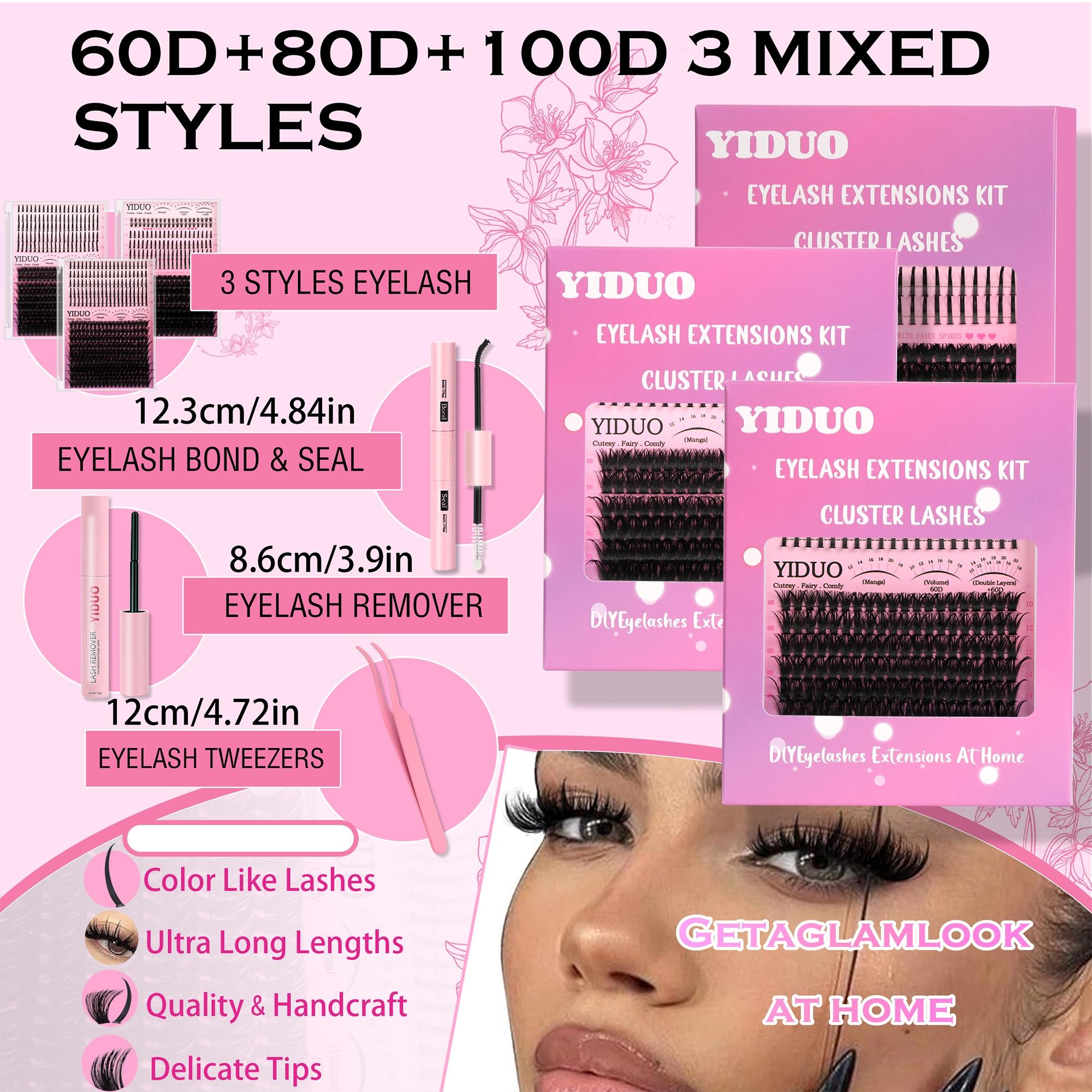 4 Styles Lash Clusters Kit 60D|80D|100D|Spikes Lash Extension Kit Volume Eyelash Clusters Volume Individual Lashes Kit Super large Cluster Eyelash Extensions Kit DIY Spikes Lash Kit Individual False Eyelashes with Lashes Bond and Seal