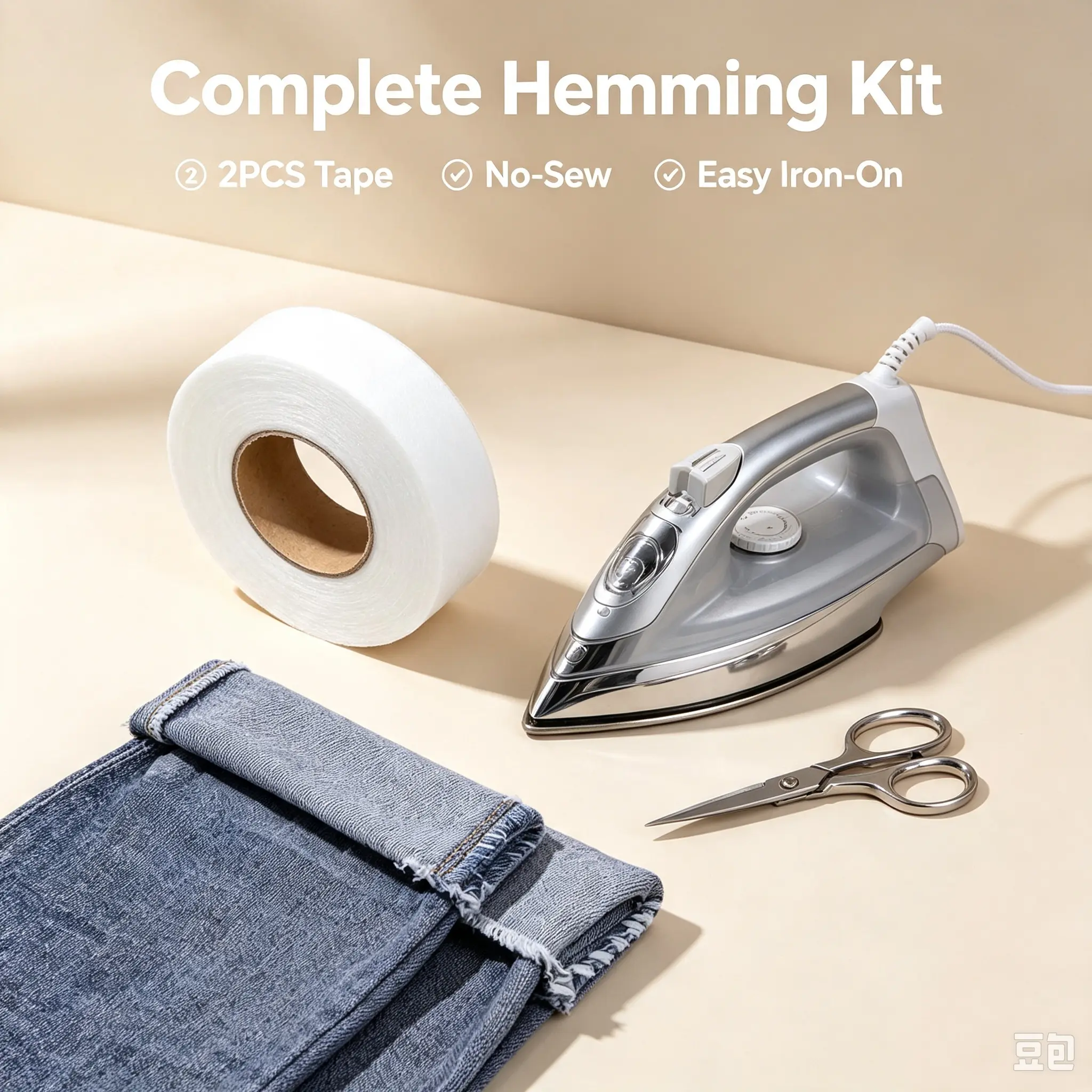 2PCS No-Sew Iron-On Hemming Tape, Washable Fusible Hot-Melt Non-Woven Laundry Tool for Pants & Jeans Shortening