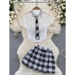 Plaid JK Uniform Short Sleeve Blouse And Pleated Skirt Set Women Sexy Comfortable Uniform Suit Female Clothing New