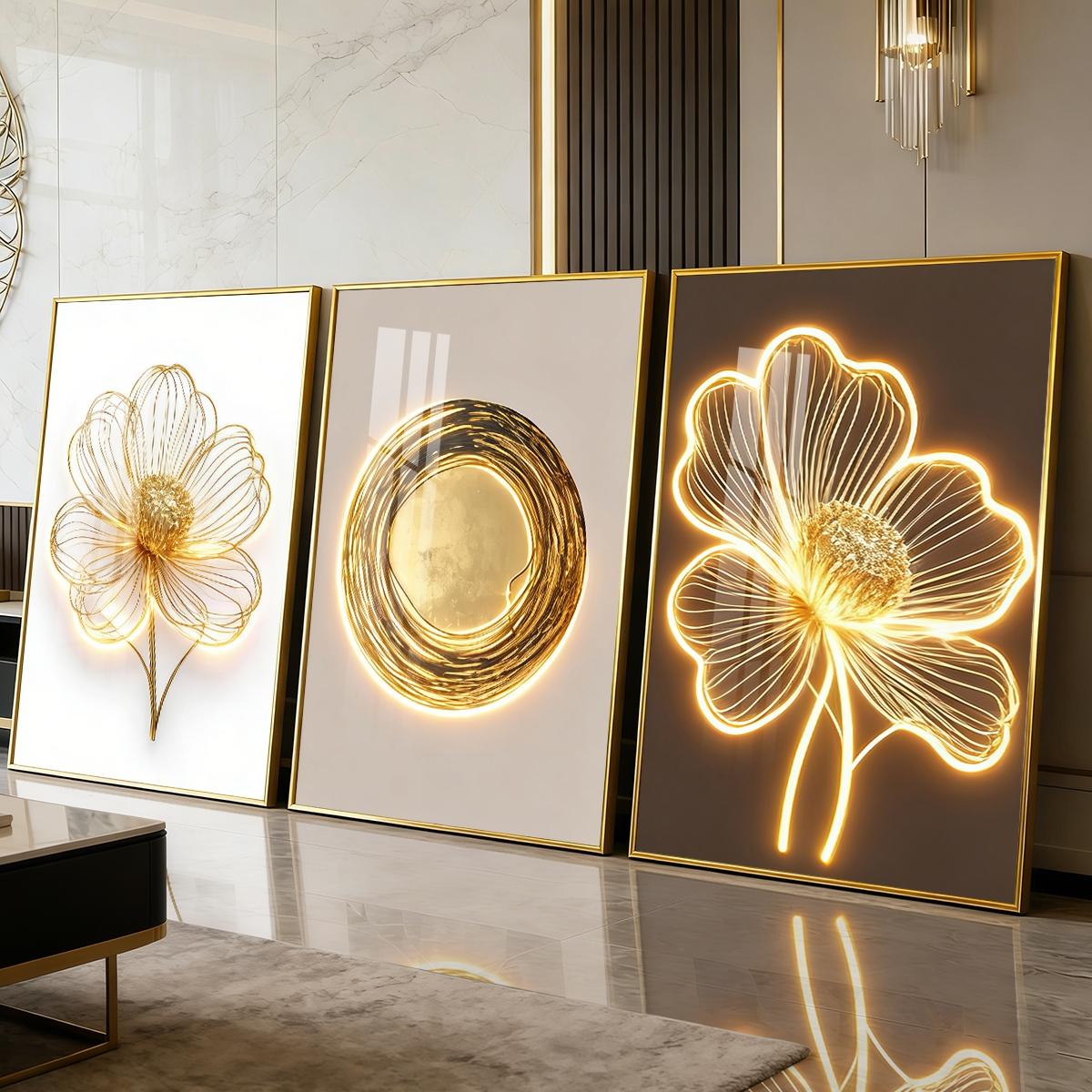 3 Counts Aluminum Alloy Framed Painting, Golden Wire Flower And Sun Abstract Art Pictures, Home Decoration For Living Room, Bedroom, Office, Restaurant, Hallway Wall Decor, Odorless Print Artwork, Luxury Perfect Gift For Friends And Family