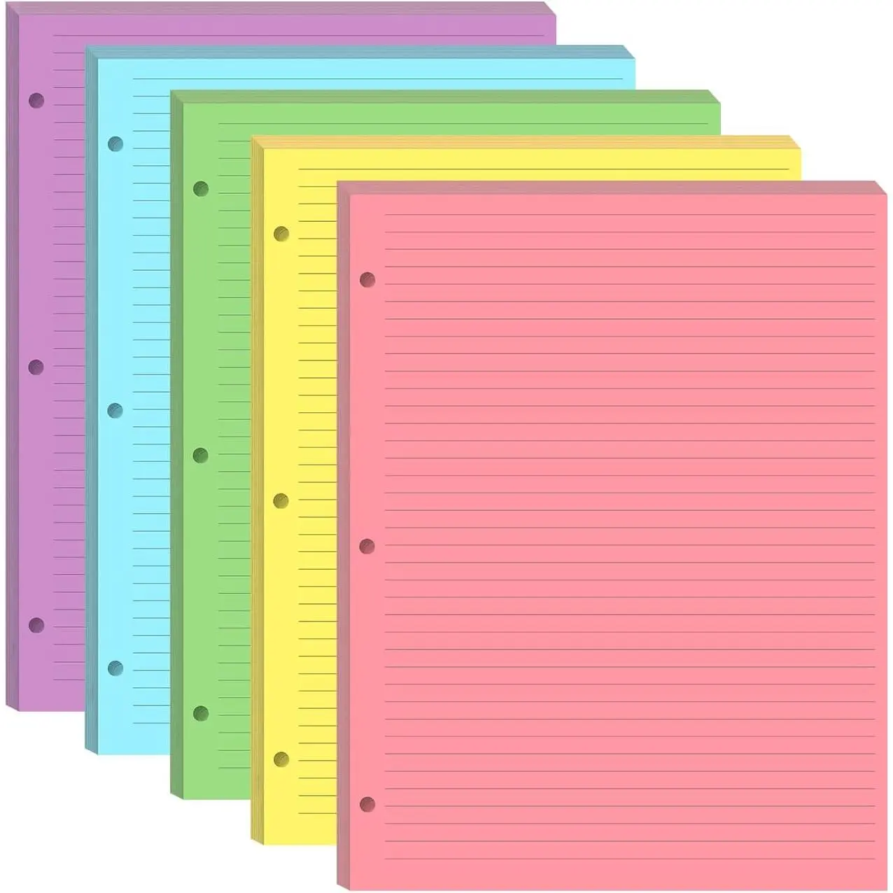 3 Hole Colorful Lined Paper - 100 Sheets/200 Pages Loose Leaf Paper Line Refills, Per Color 20 Sheets, 8.5" x 11"