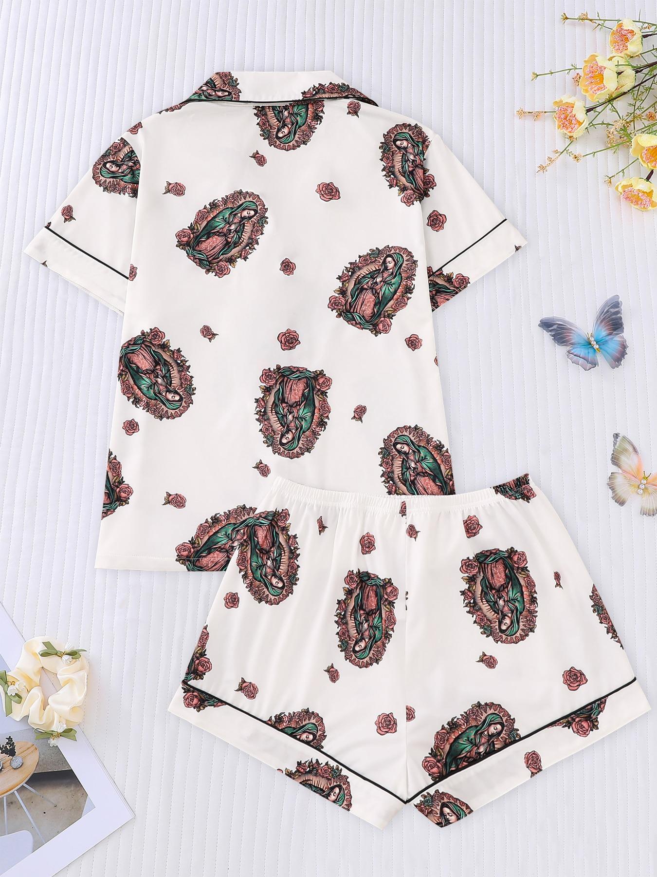 Two-piece Set Women's All Over Print Shirt & Elastic Waist Shorts Pajama, Casual Comfy Top & Shorts Pj Set, Ladies Sleepwear for All Seasons, Loungewear Set Women