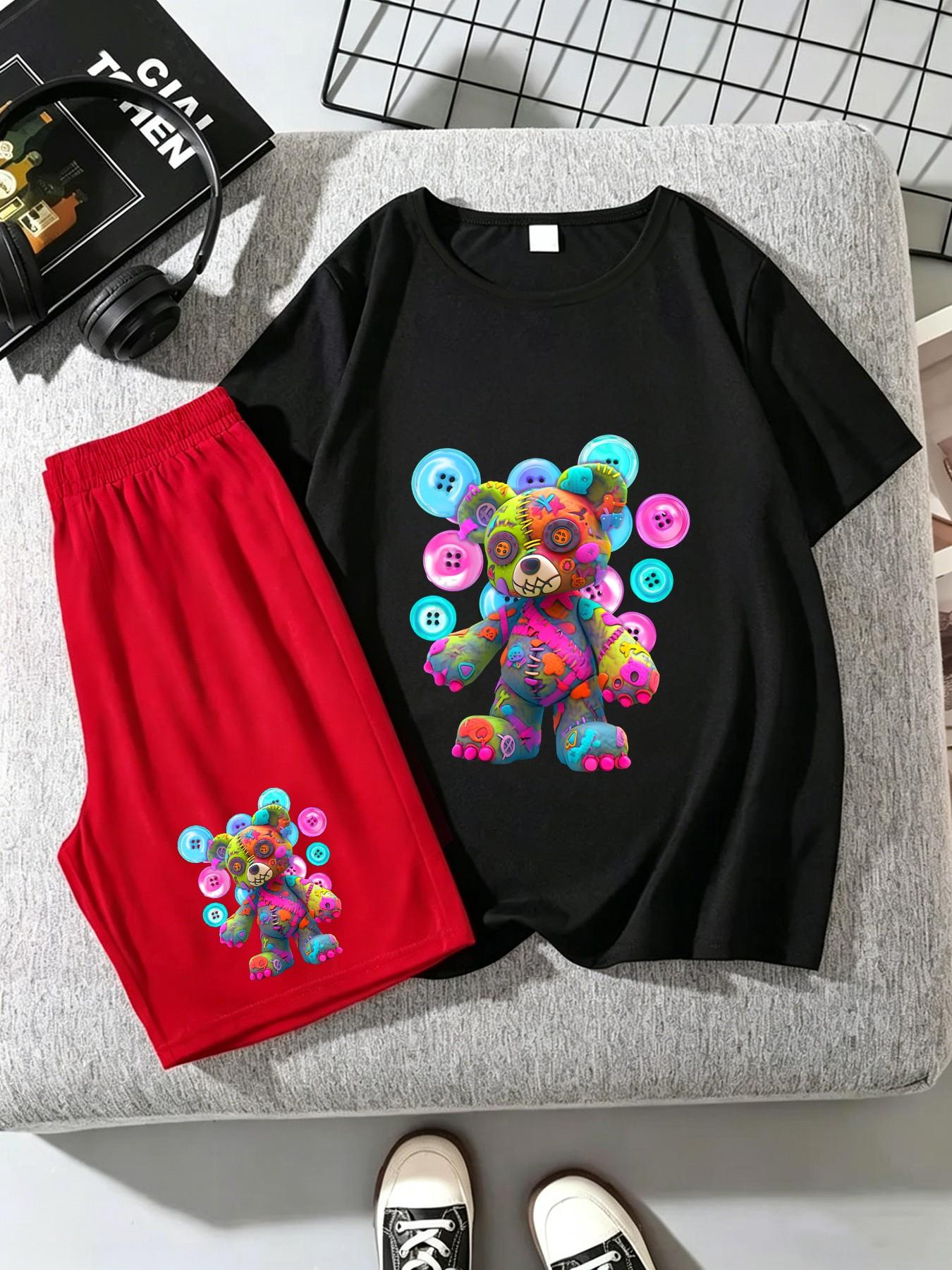 Fashion Boy Suit Set, Cool Graffiti Bear Pattern Design, Perfect Summer for Little Boys, Casual Loose-Fit Short Sleeve