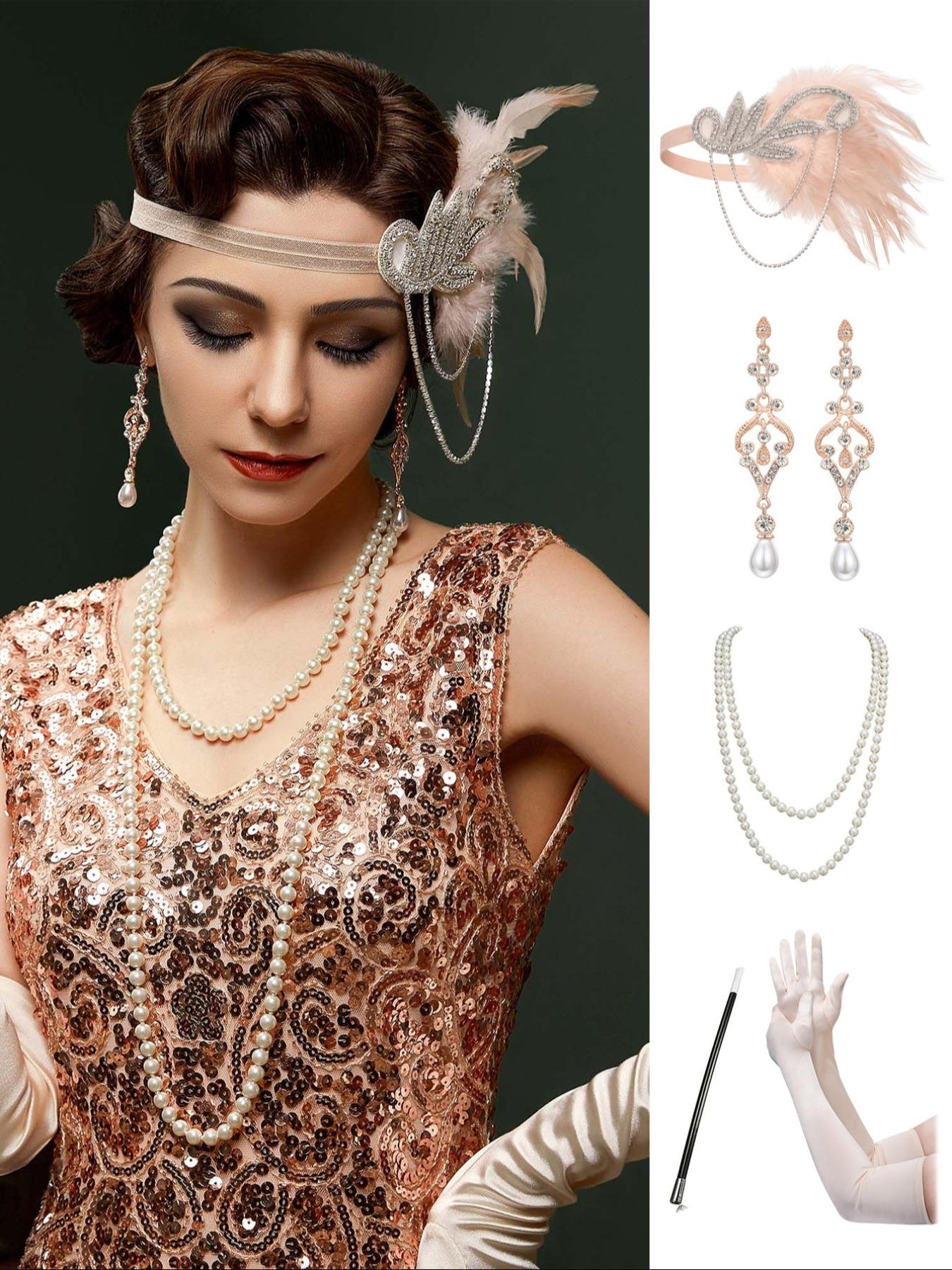 5PC/Set 1920s Flapper Set for Women,Roaring 20s Headband Headpiece Costume Accessories for Halloween Party Cosplay