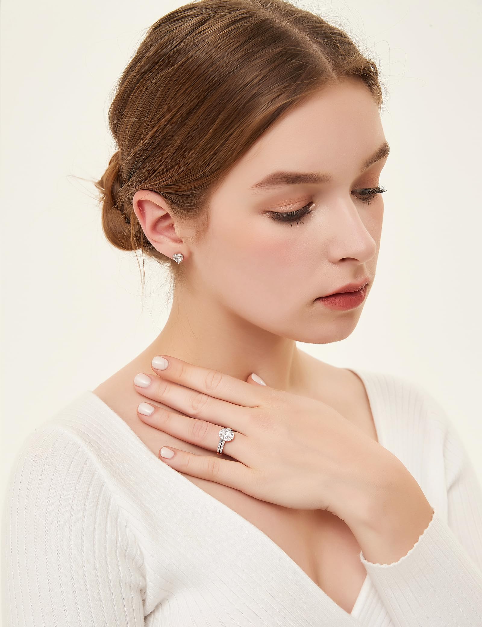 EAMTI 1.5CT 925 Sterling Silver Cubic Zirconia Bridal Rings Sets Oval Cut CZ Engagement Rings Wedding Band for Women