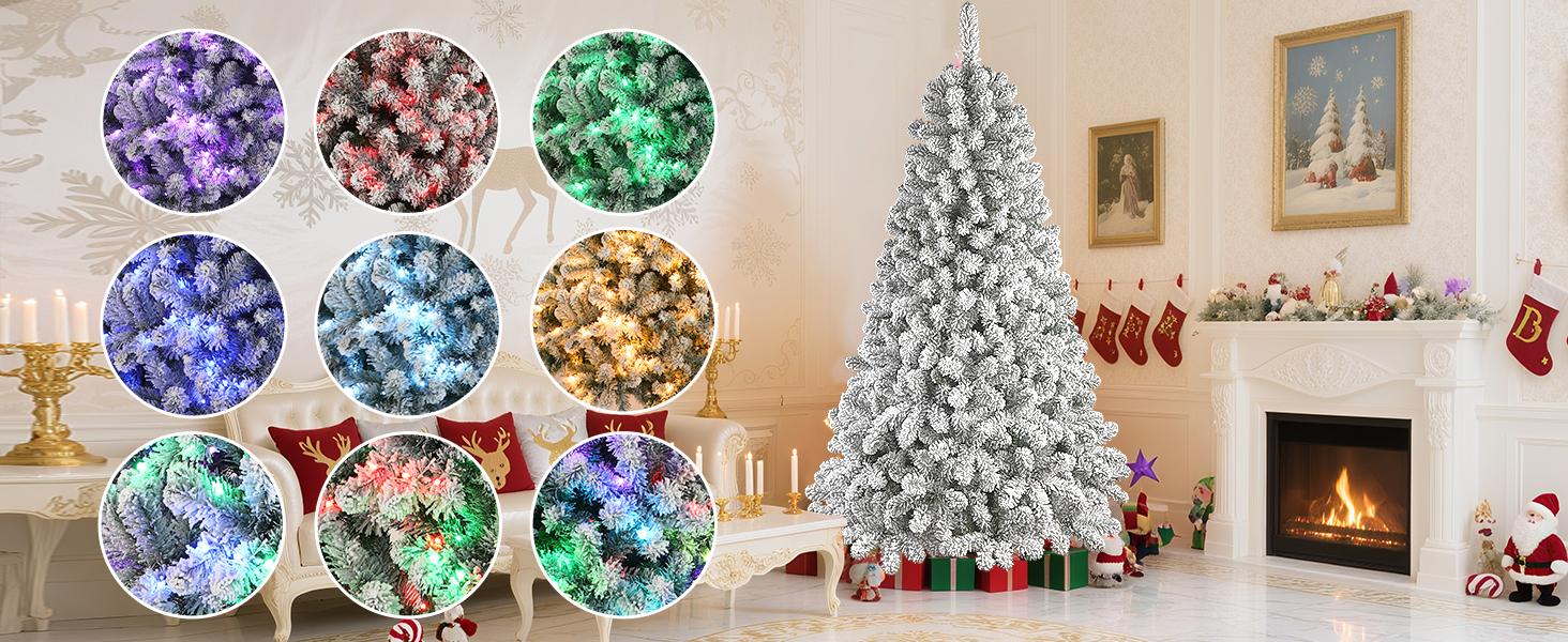 2025 Upgraded 4/5/6/7/7.5/9/12FT Snow-Flocked Christmas Tree with Prelit Multi-Color RGB Christmas Lights and Full, Snow-Covered Branches