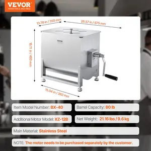 VEVOR Manual Meat Mixer, 40L Fixed Tank Meat Processing Equipment(Mixing Max 80LBS for Meat), Stainless Steel Meat Mixer, Sausage Mixer Machine with Lid Handle Gear Reducer, Ground Beef Hand Mixer