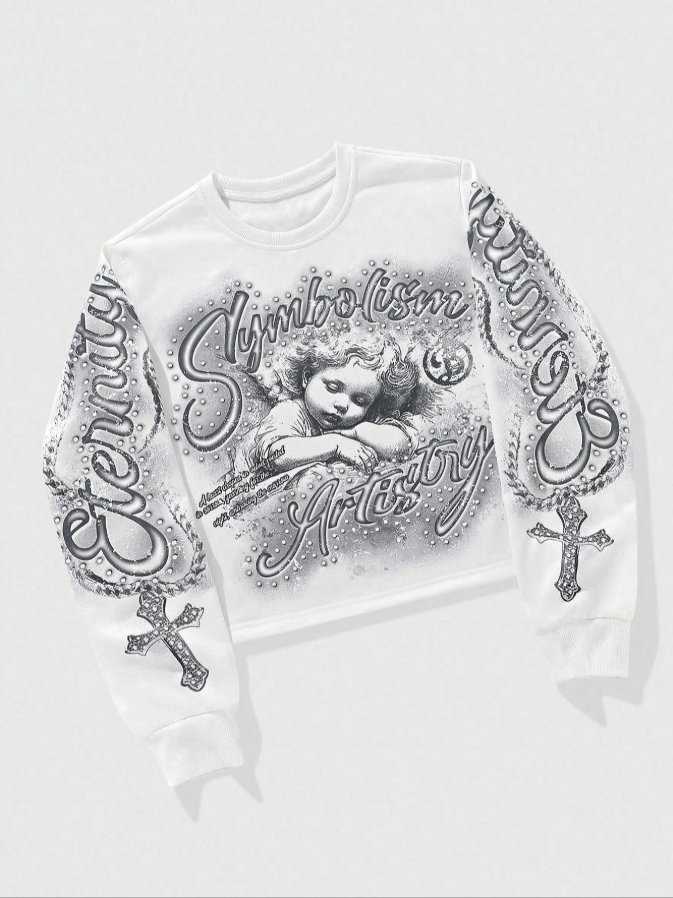 Men's Graphic Sweatshirt with Letter and Cross Print, Loose-Fitting Fall & Winter Pullover, Casual Angel Design Long Sleeve Top