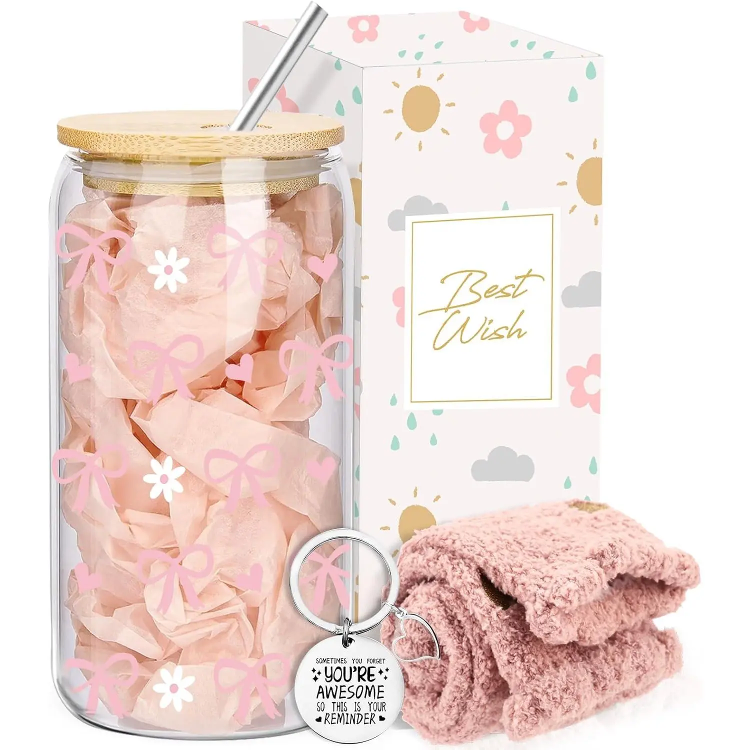 Bows Glass Cup with Lid and Straw, Iced Coffee Aesthetic Glass Can, Idea  for Christmas Birthday Gifts for Women