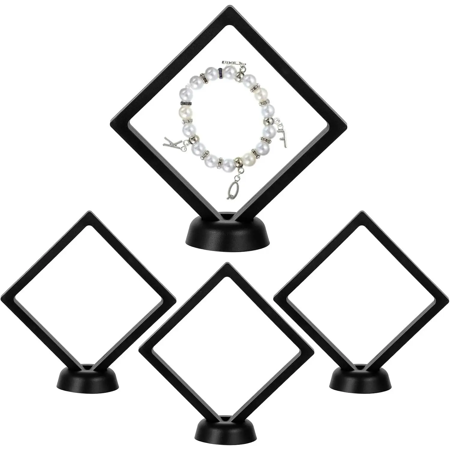 4 Pack 4.3 Inch Floating Display Case, Floating Frame with Stand, Black Abs Plastic Case for   Rings Medals, 4.33x4.33 Inch with 2.2 Inches Base