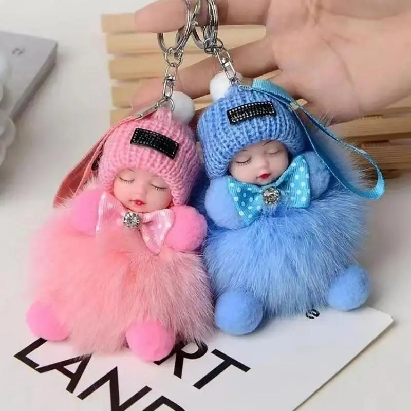 2-Pack Cute Fluffy Plush Sleepy Doll Keychain For Women | Kawaii Bag Car Key Ring Pendant Trinket Gift