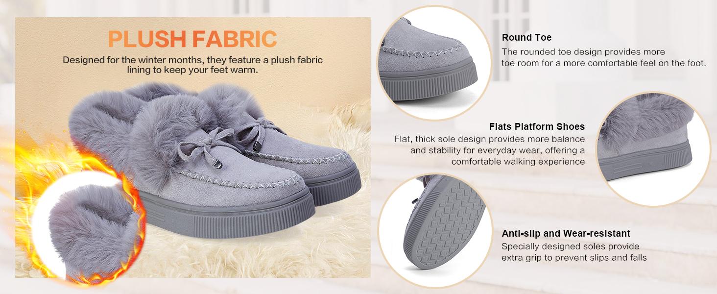 Fashare Women's Platform Warm Moccasin Slippers Slip On Loafer Plush Shoes Anti Slip Flat Walking Loafers Faux Fur Snow Boots  Soft and comfortable suede slippers for women