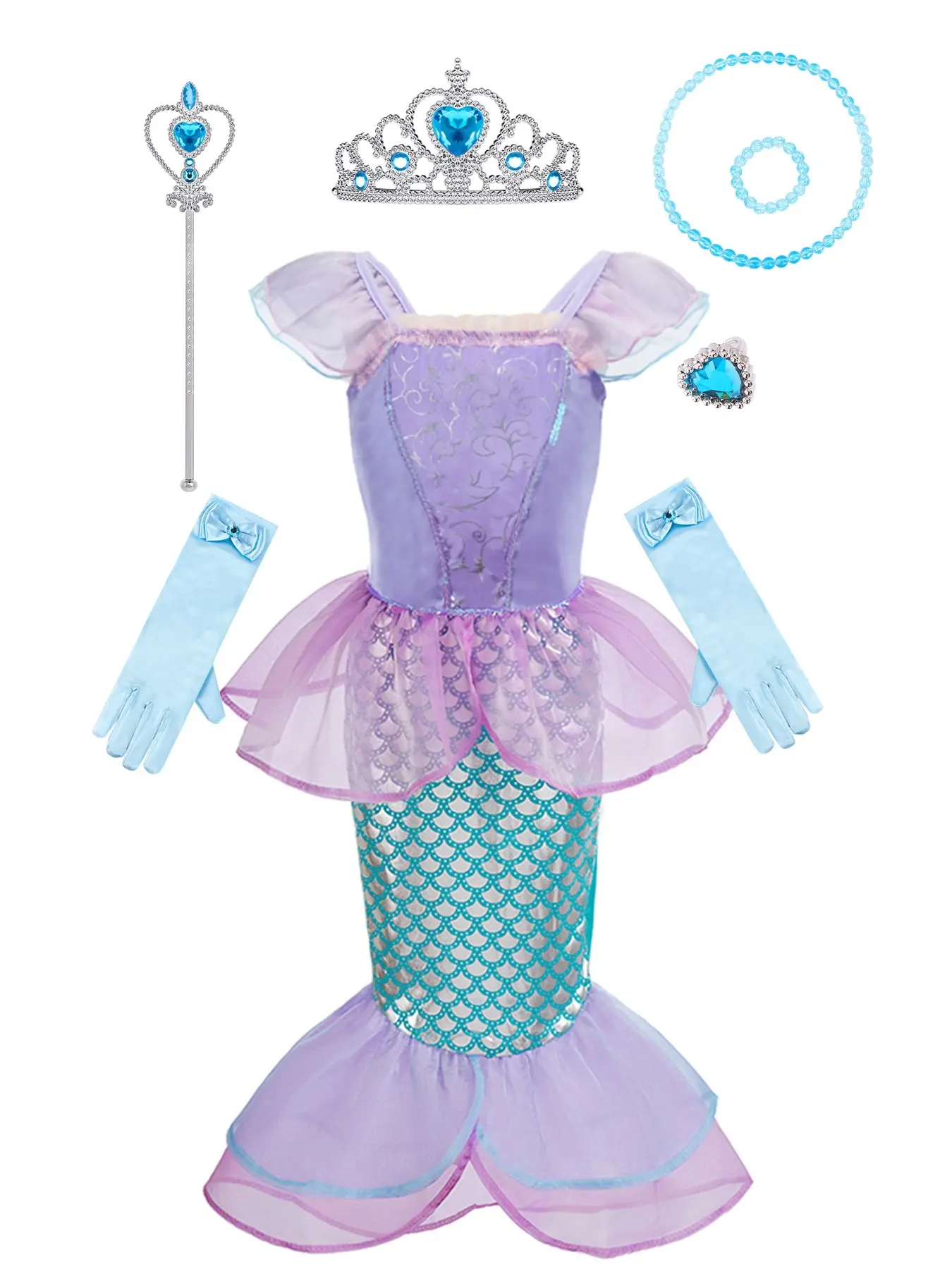 Girls' Gradient Princess Fish Tail Dress , 7-Piece Set,Flutter Sleeve Fish Scale Sequin Net Gown, Crown Magic Gloves Bracelet, World Book Day Role Play Costume