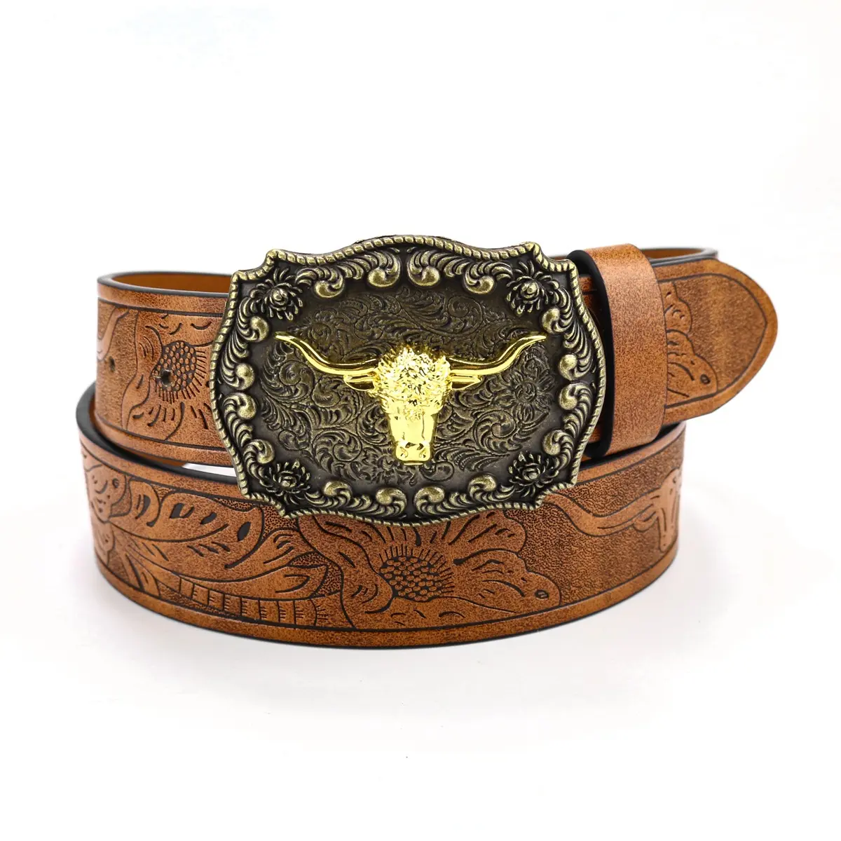 Effortless Western Longhorn Bull Buckle Belt Embossed Tan Brown Leather Strap Vintage Cowboy Rodeo Country Style Accessories Men Women Streetwear