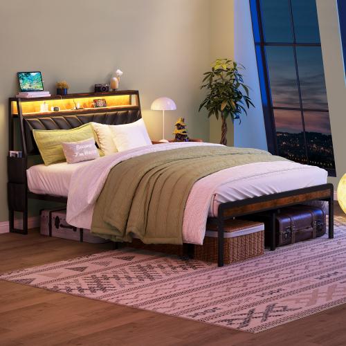 [Bellemave]Full/Queen size Platform Bed Frame，  Headboard right angle，105-Degree Tilted Upholstered Headboard, 2 options to choose fromCharging Station, LED Lights, Noiseless, Black and Brown