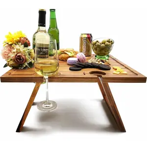 SASIDO Portable Wine Picnic Table, Acacia Wood, Larger Tray Foldable, Charcuterie Board, Wine Gift, Decor for Romantic Camping, Engagement Party, Concerts, Glamping, Winter Adventure
