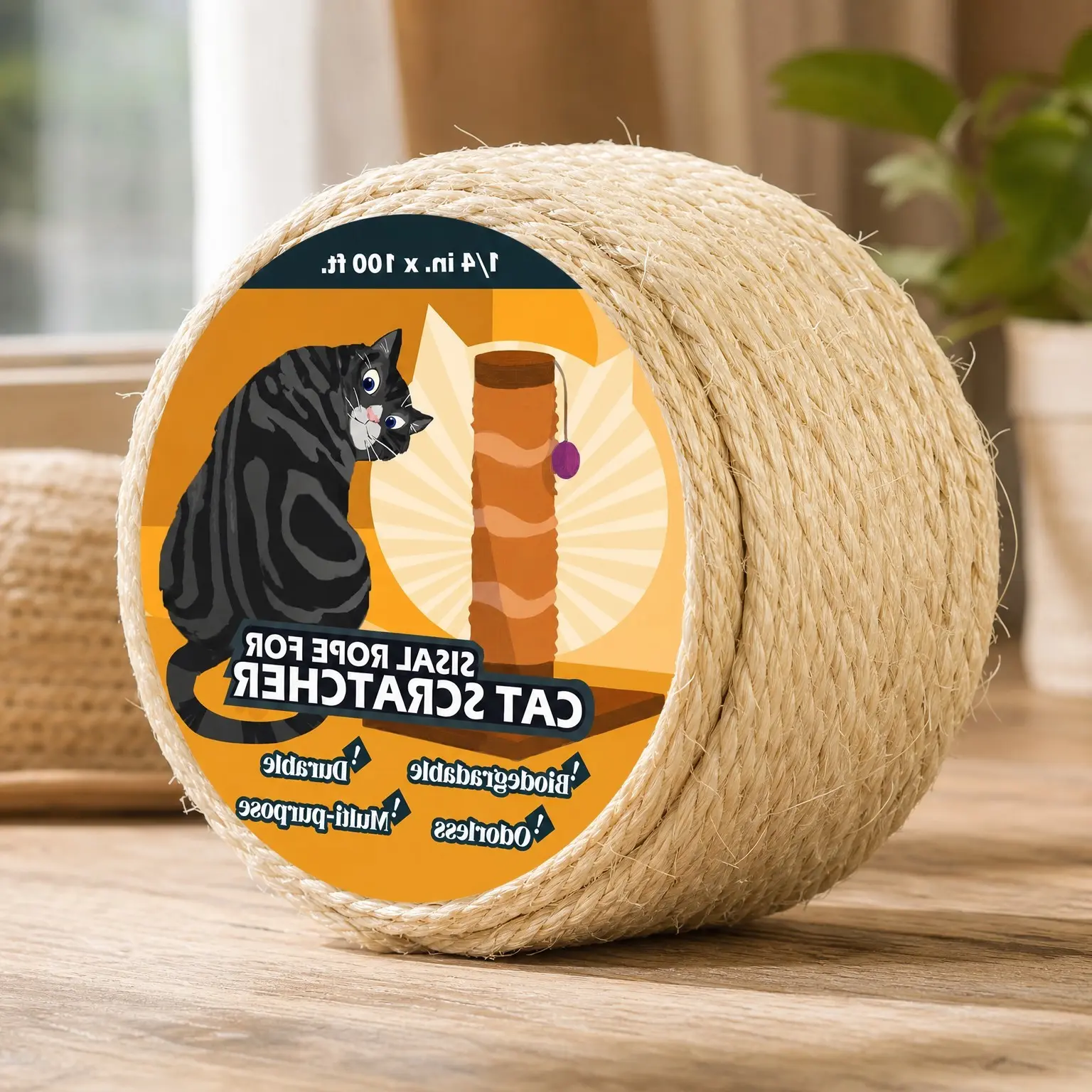 Natural Sisal Rope for Cat Scratchers and Scratching Posts – 1/4 Inch x 100 Feet, White | Replacement for Cat Trees, Scratching Posts, Climbing Ropes, DIY RepairGift