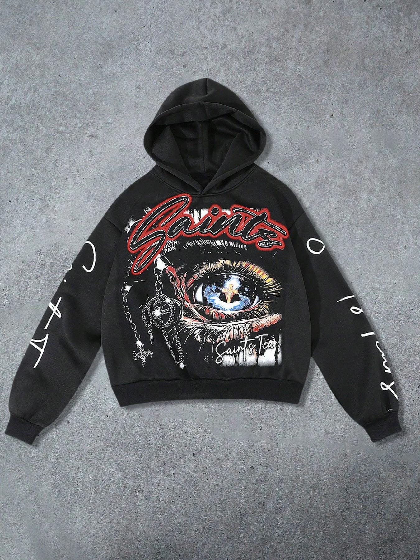 Men's Hooded Sweatshirt Autumn Winter Street Style American Fashion Eye Element English Pattern Print Short Hoodie Casual Streetwear Sweatshirt