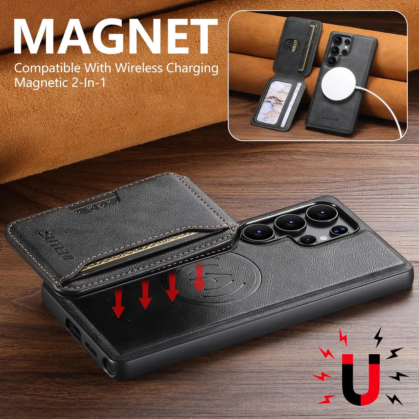 Magnet Wireless Charging Luxury Faux Leather Phone Case Card Holder Stand For Samsung Galaxy S26 Ultra S25 S24 S23 S22